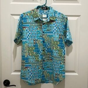 VatPave Aqua Tribal Print Button Down Shirt - NWT